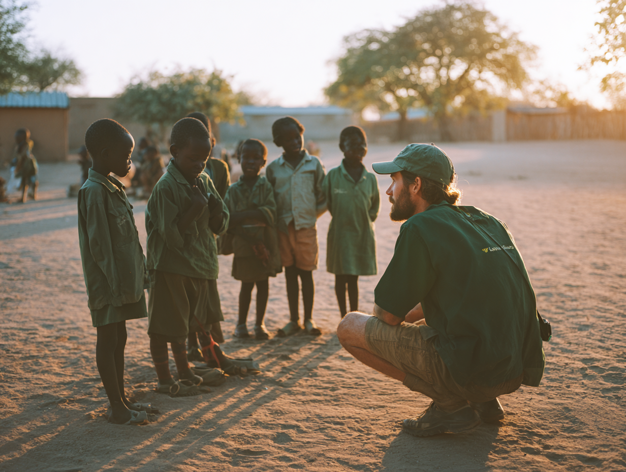 Children gathered in classroom with volunteer