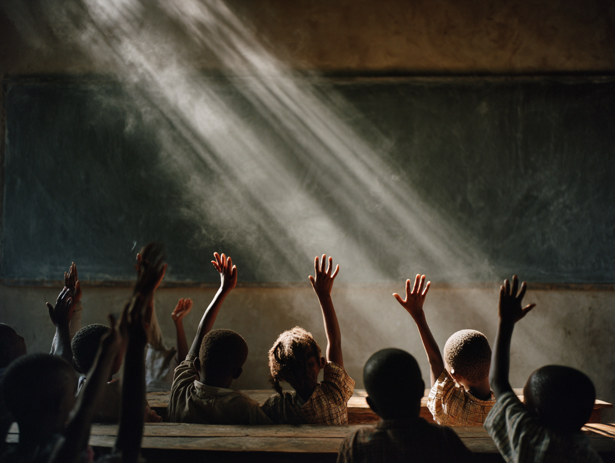 Children receiving school supplies